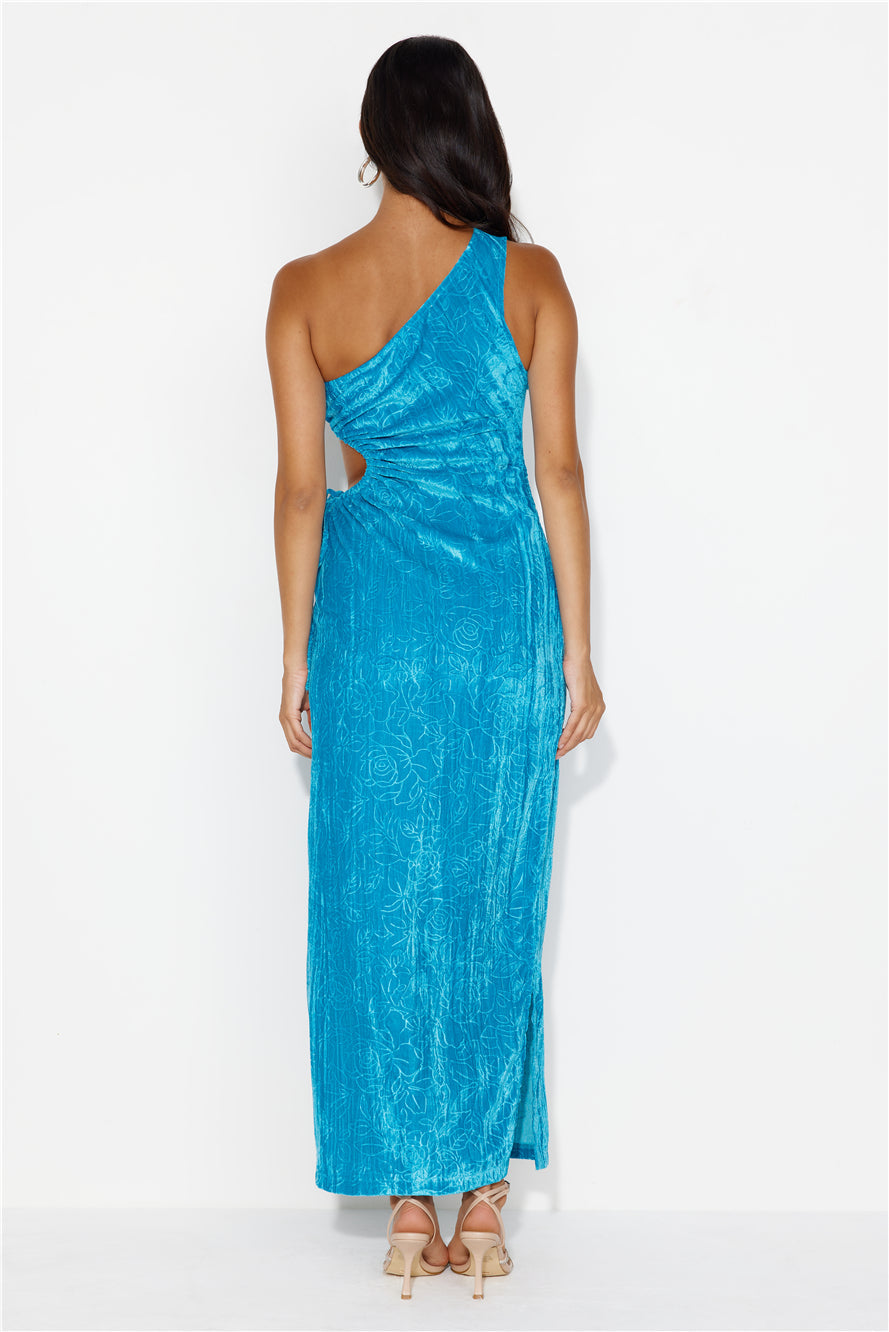 Universe Moons One Shoulder Velvet Maxi Dress Blue