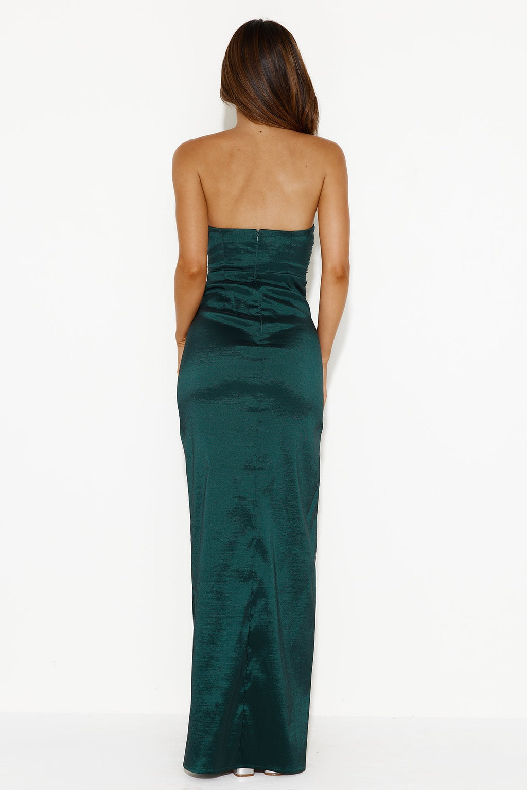 DEAR EMILIA Style Finesse Strapless Satin Maxi Dress Forest Green