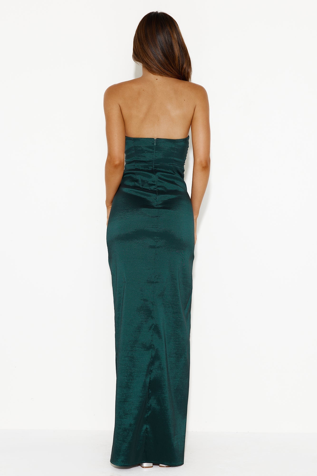 DEAR EMILIA Style Finesse Strapless Satin Maxi Dress Forest Green