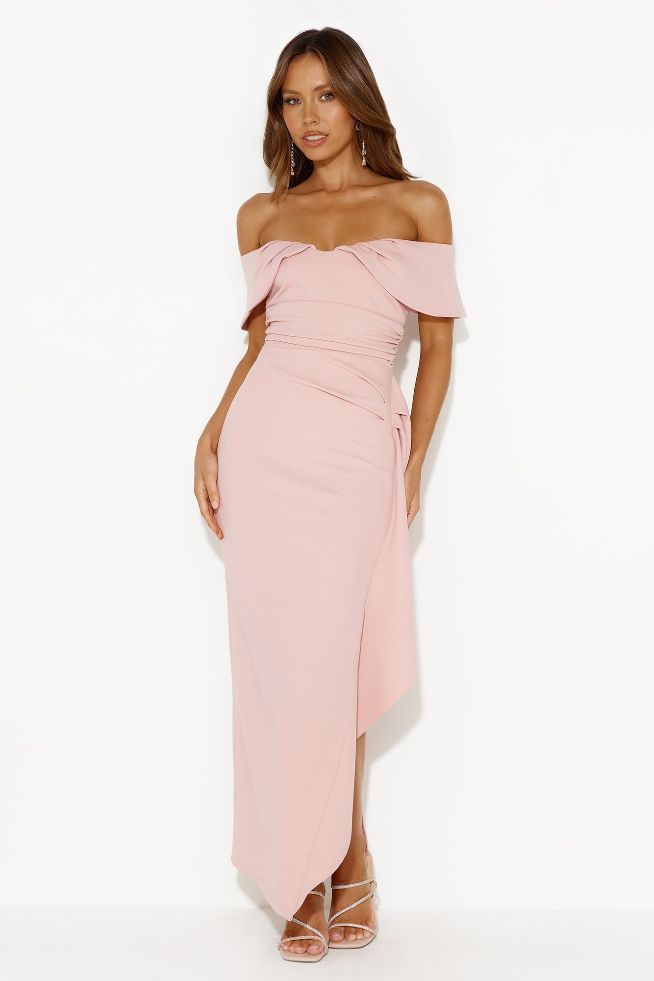 Moonlit Masquerade Off Shoulder Maxi Dress Blush