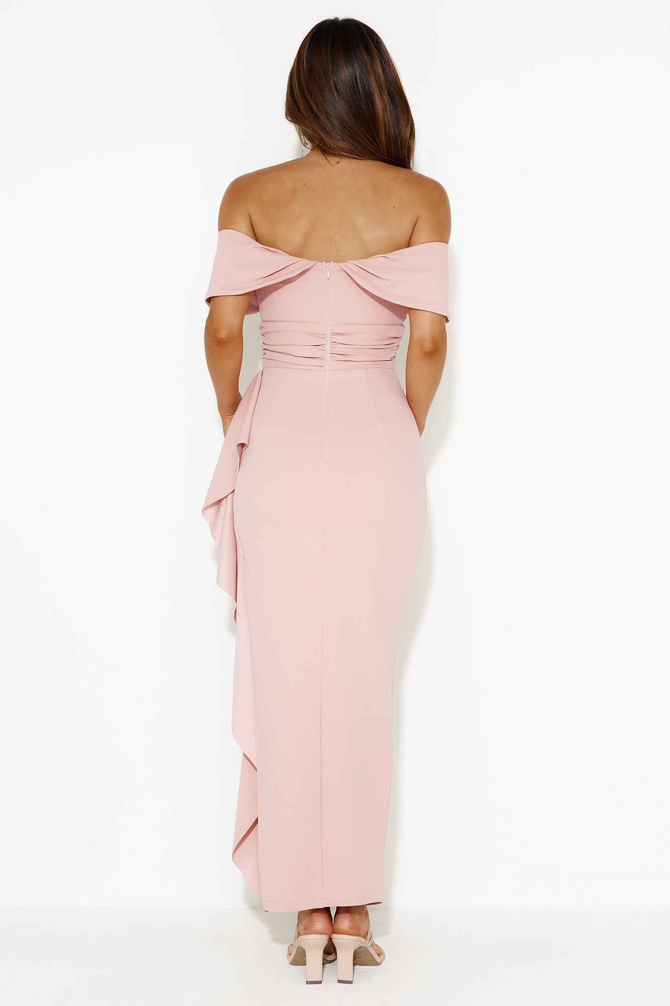 Moonlit Masquerade Off Shoulder Maxi Dress Blush