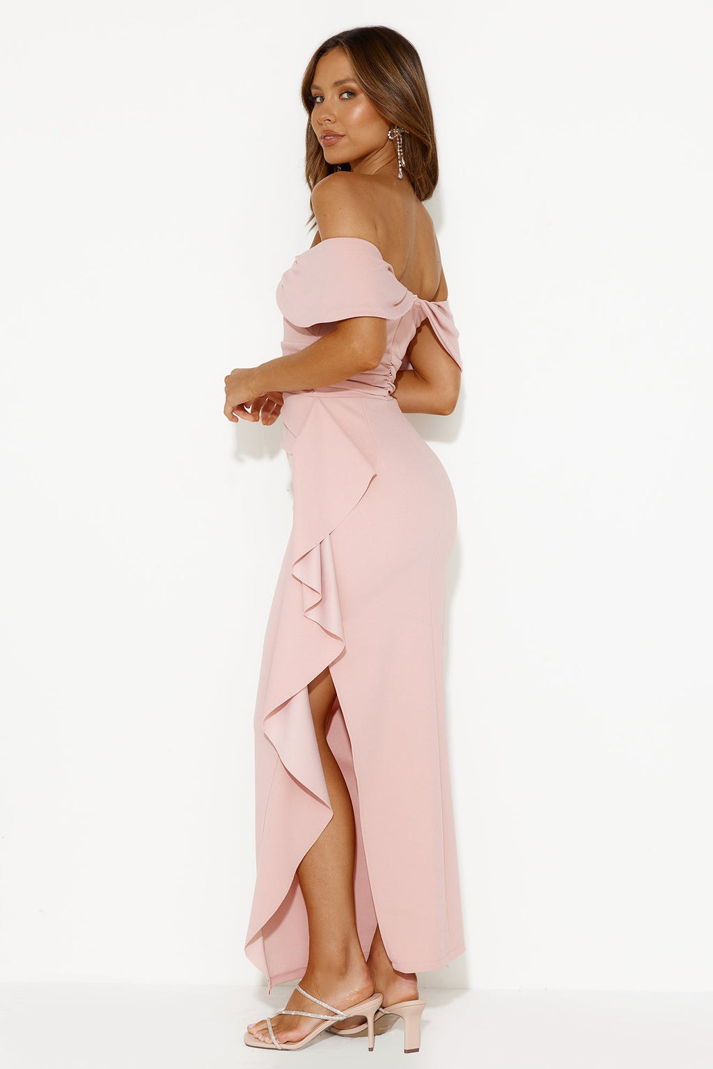Moonlit Masquerade Off Shoulder Maxi Dress Blush