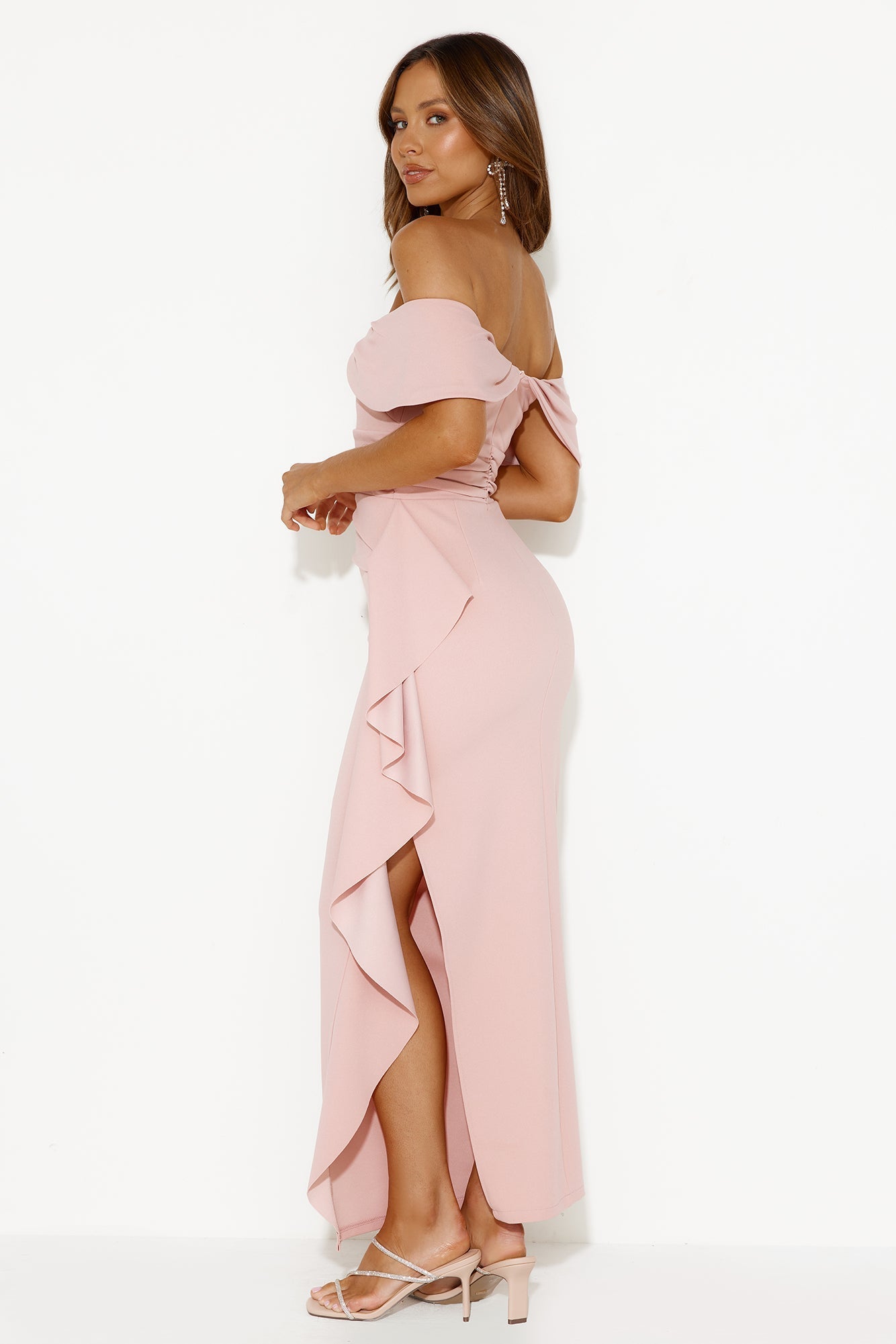 Moonlit Masquerade Off Shoulder Maxi Dress Blush