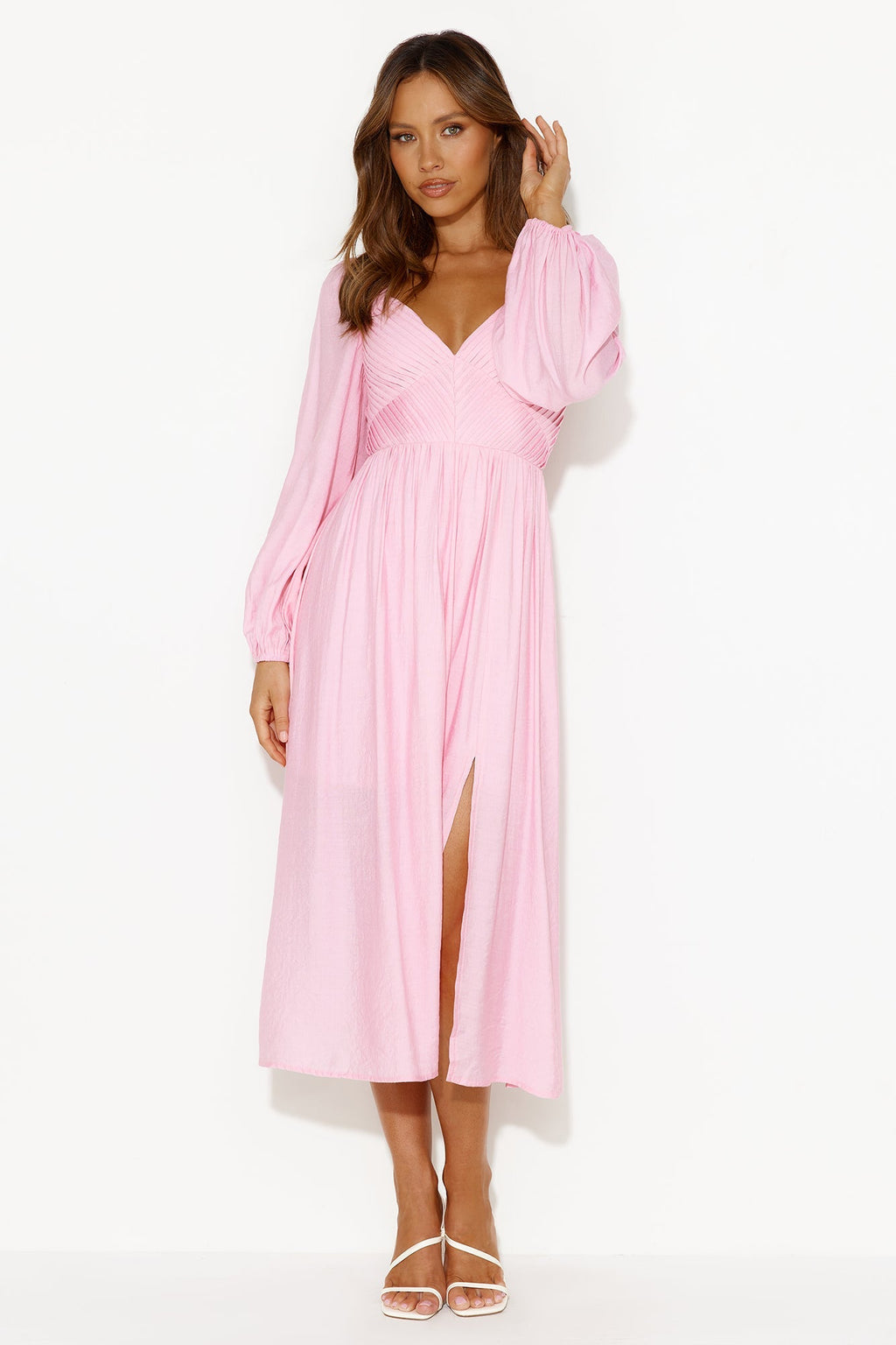 Dancing Deni Long Sleeve Midi Dress Pink