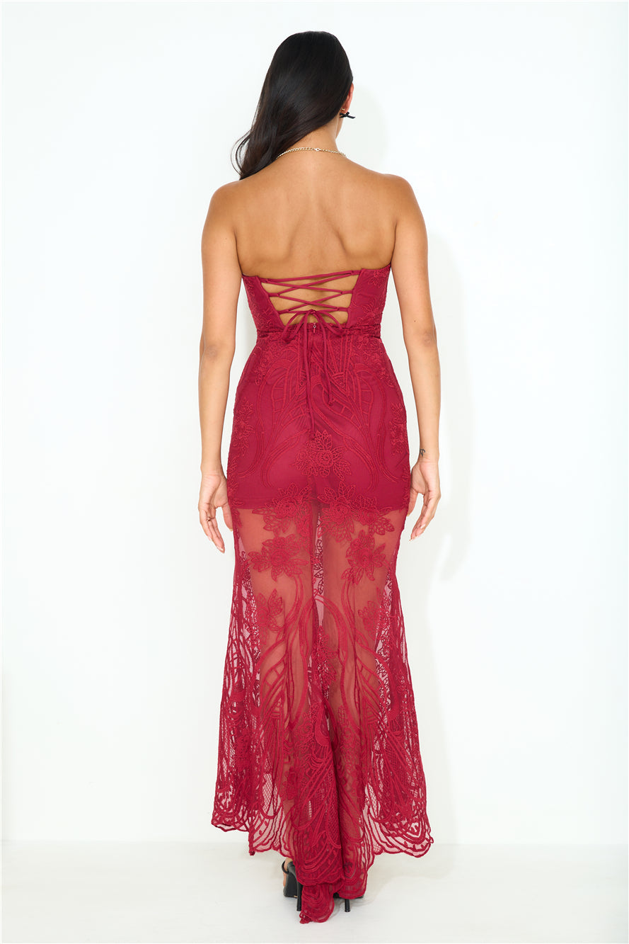 Piano Playing Lace Strapless Maxi Dress Wine
