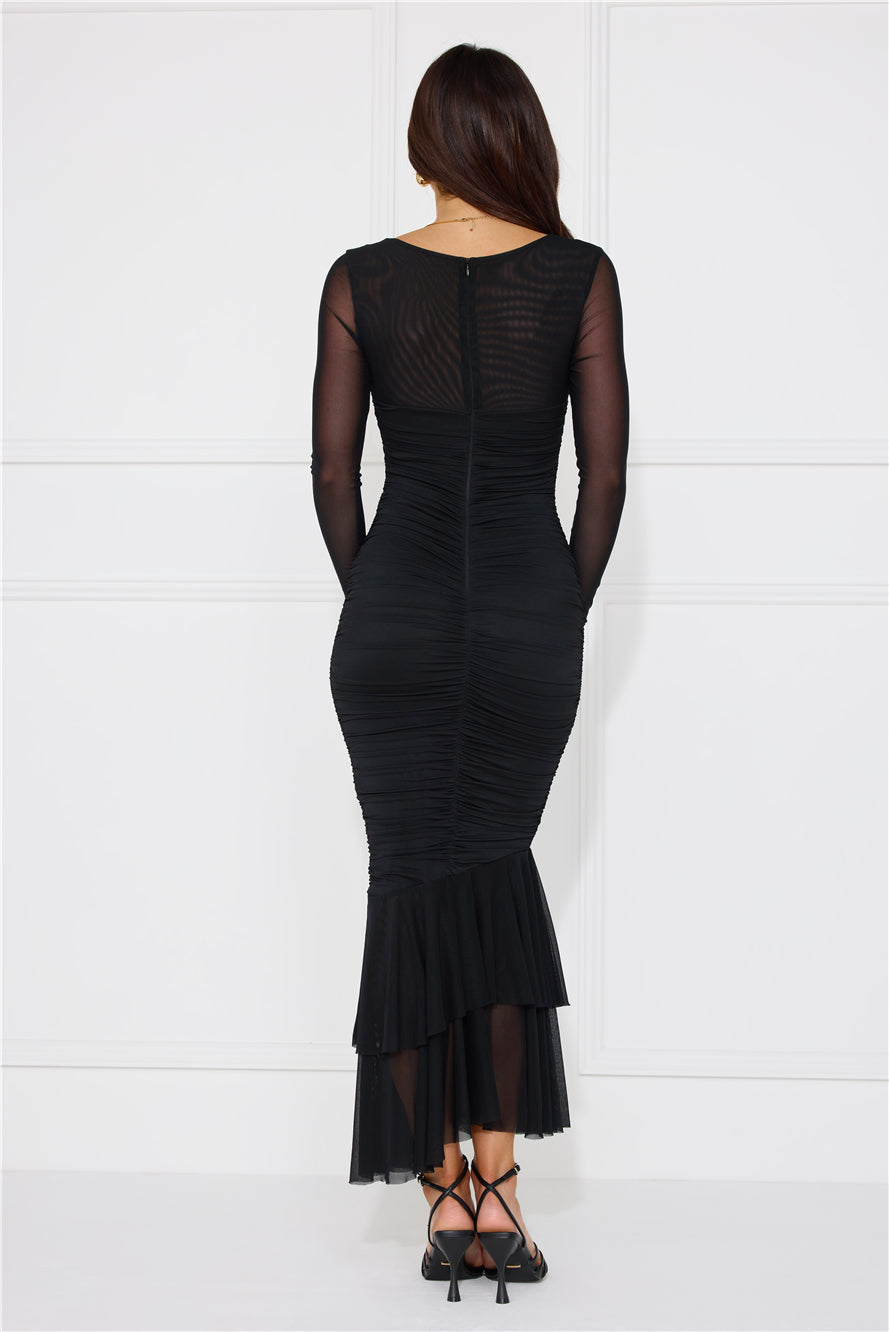 Awaken Desires Mesh Long Sleeve Midi Dress Black