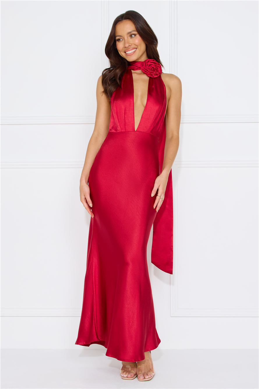 Stolen Style Points Halter Satin Maxi Dress Red