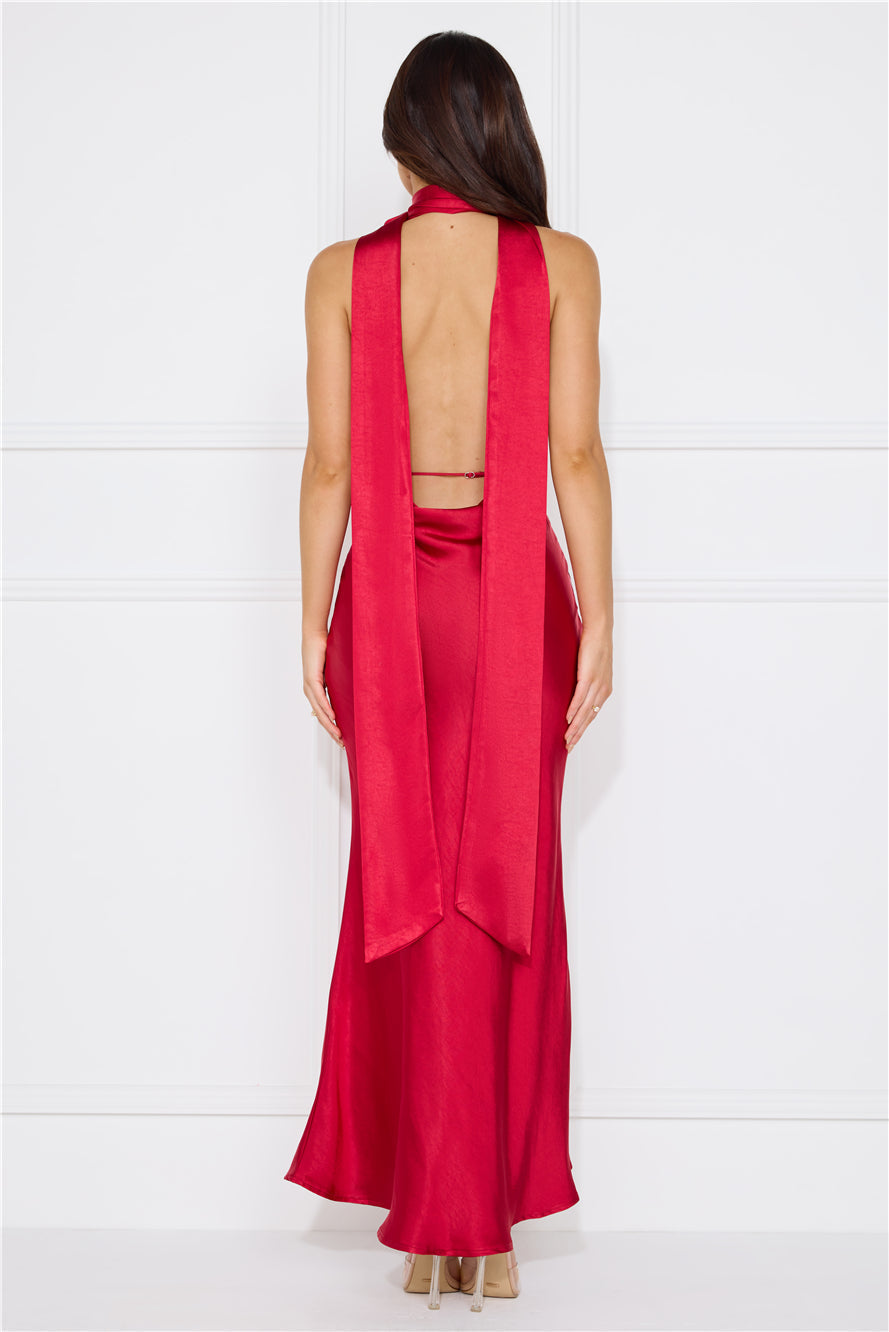 Stolen Style Points Halter Satin Maxi Dress Red