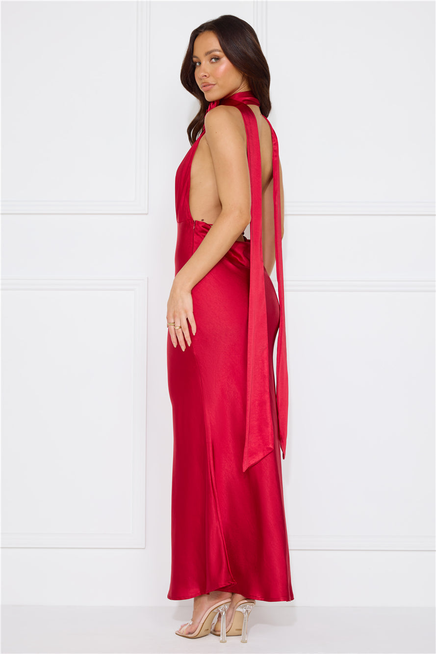 Stolen Style Points Halter Satin Maxi Dress Red