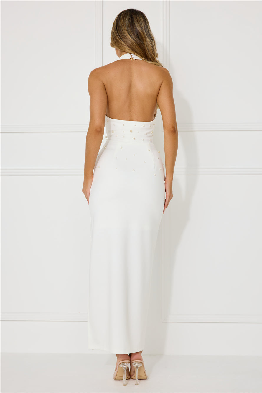 Ocean Beauty Halter Pearl Maxi Dress White