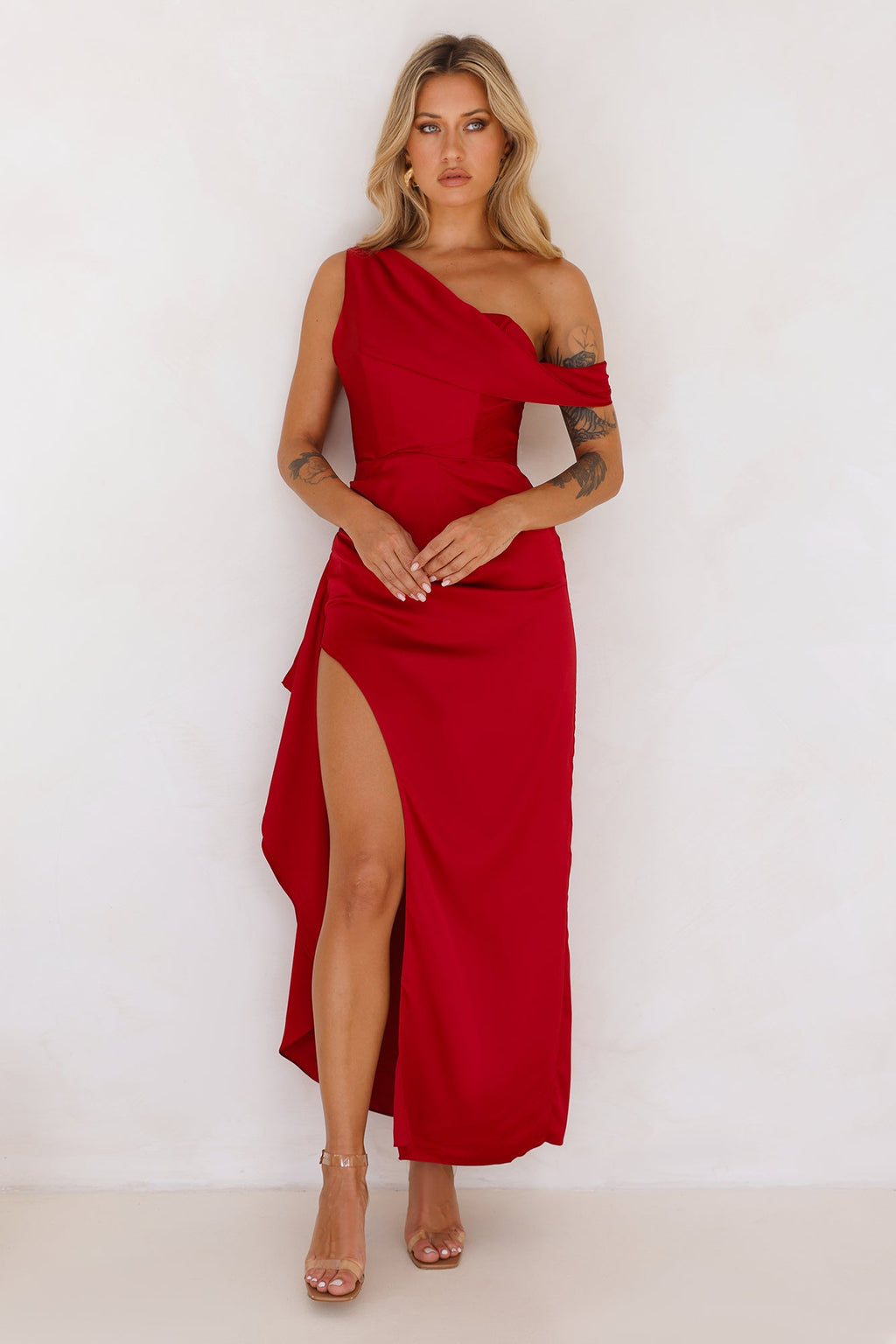 Nightfall Event Off Shoulder Satin Maxi Dress Red