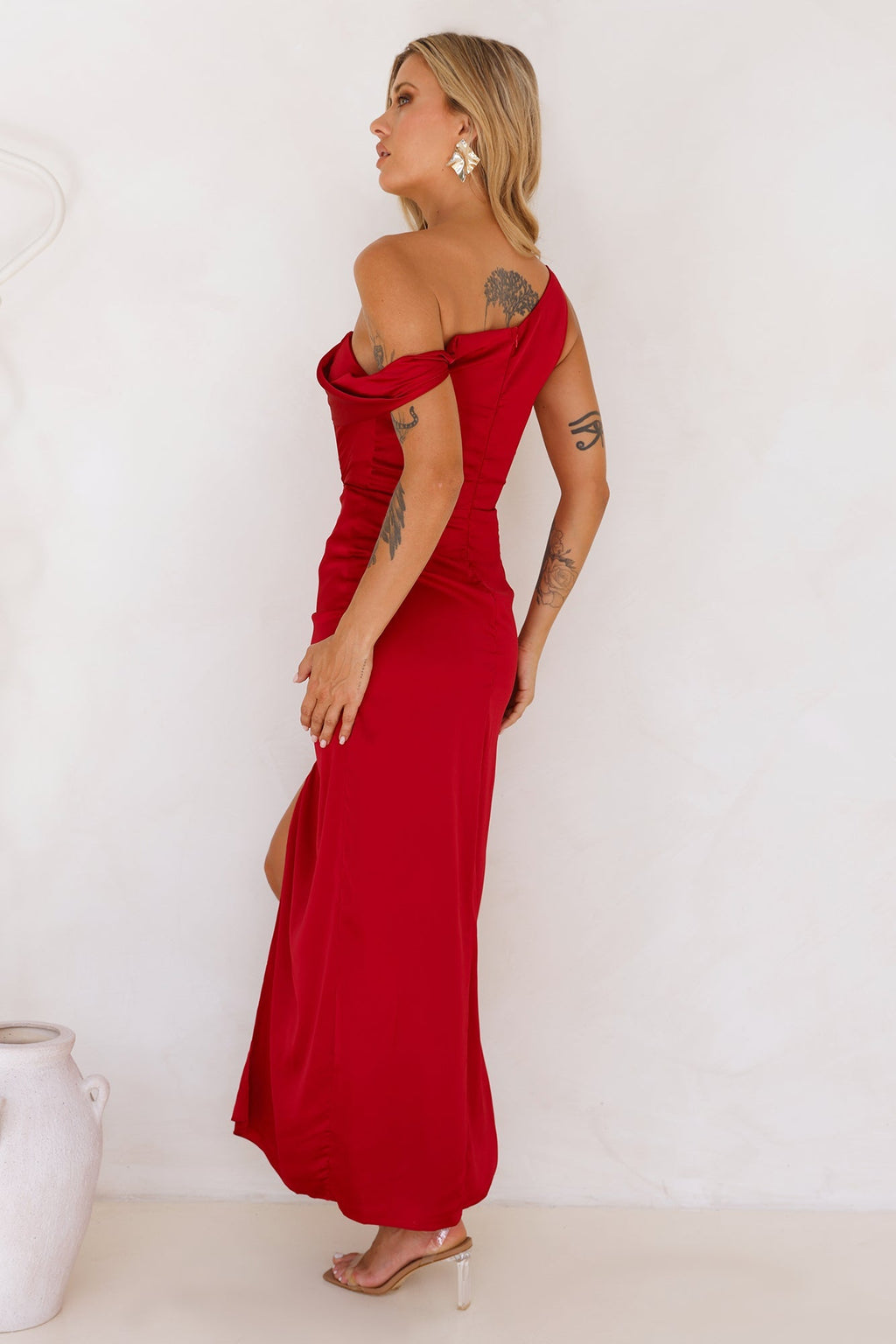 Nightfall Event Off Shoulder Satin Maxi Dress Red