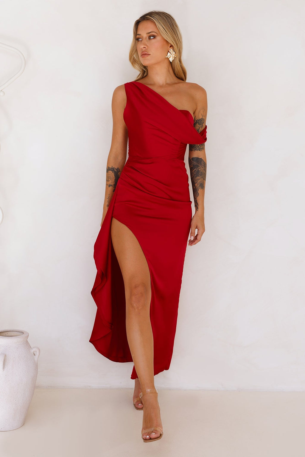 Nightfall Event Off Shoulder Satin Maxi Dress Red