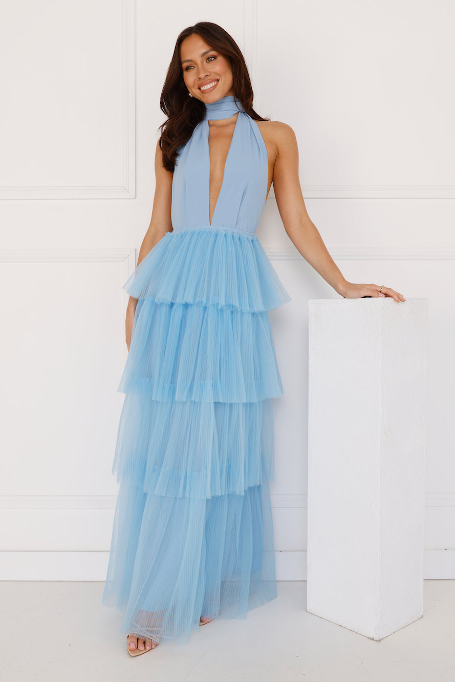 Unreal Beauty Halter Tulle Maxi Dress Blue