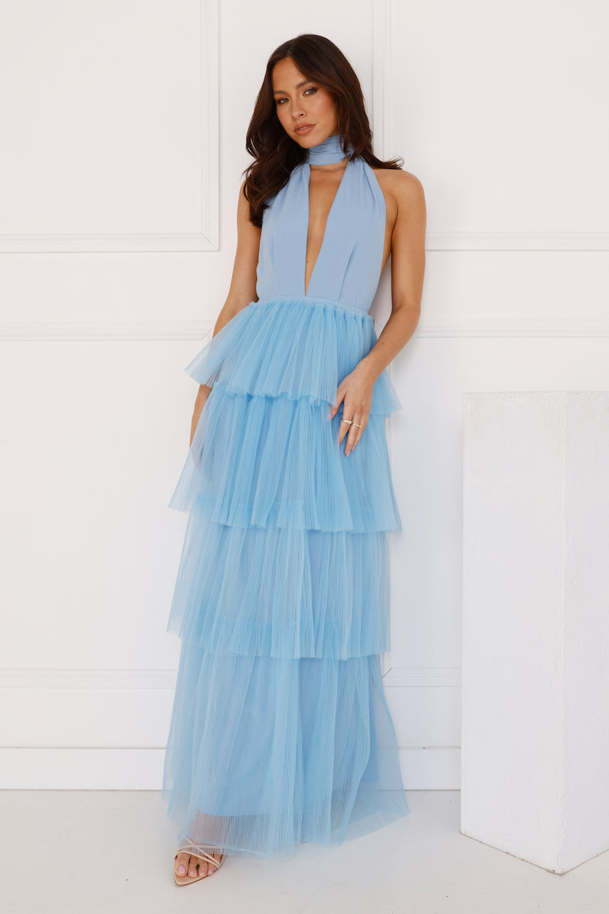 Unreal Beauty Halter Tulle Maxi Dress Blue