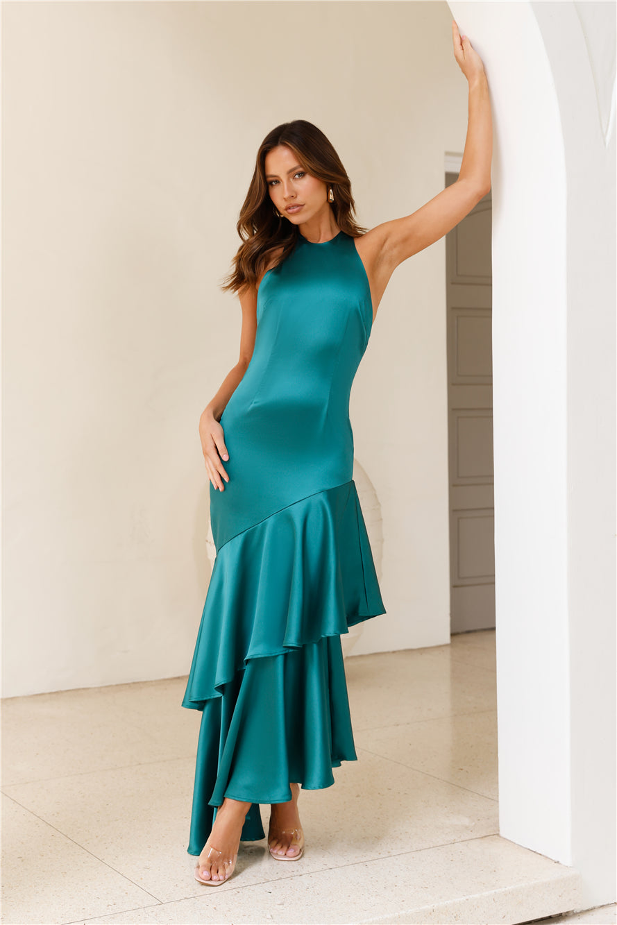 DEAR EMILIA Natural Confidence Satin Maxi Dress Forest Green