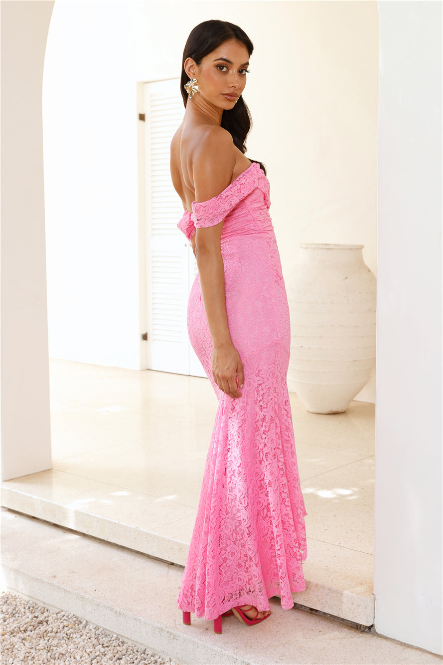 One To Want Off Shoulder Lace Maxi Dress Pink