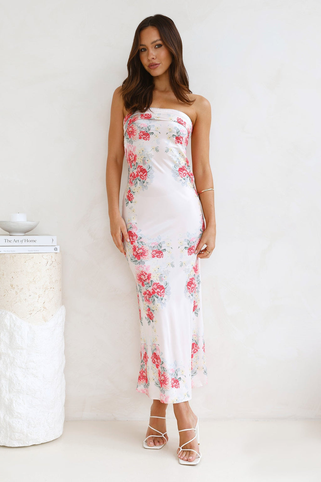 Bondi Wattles Strapless Satin Maxi Dress Beige