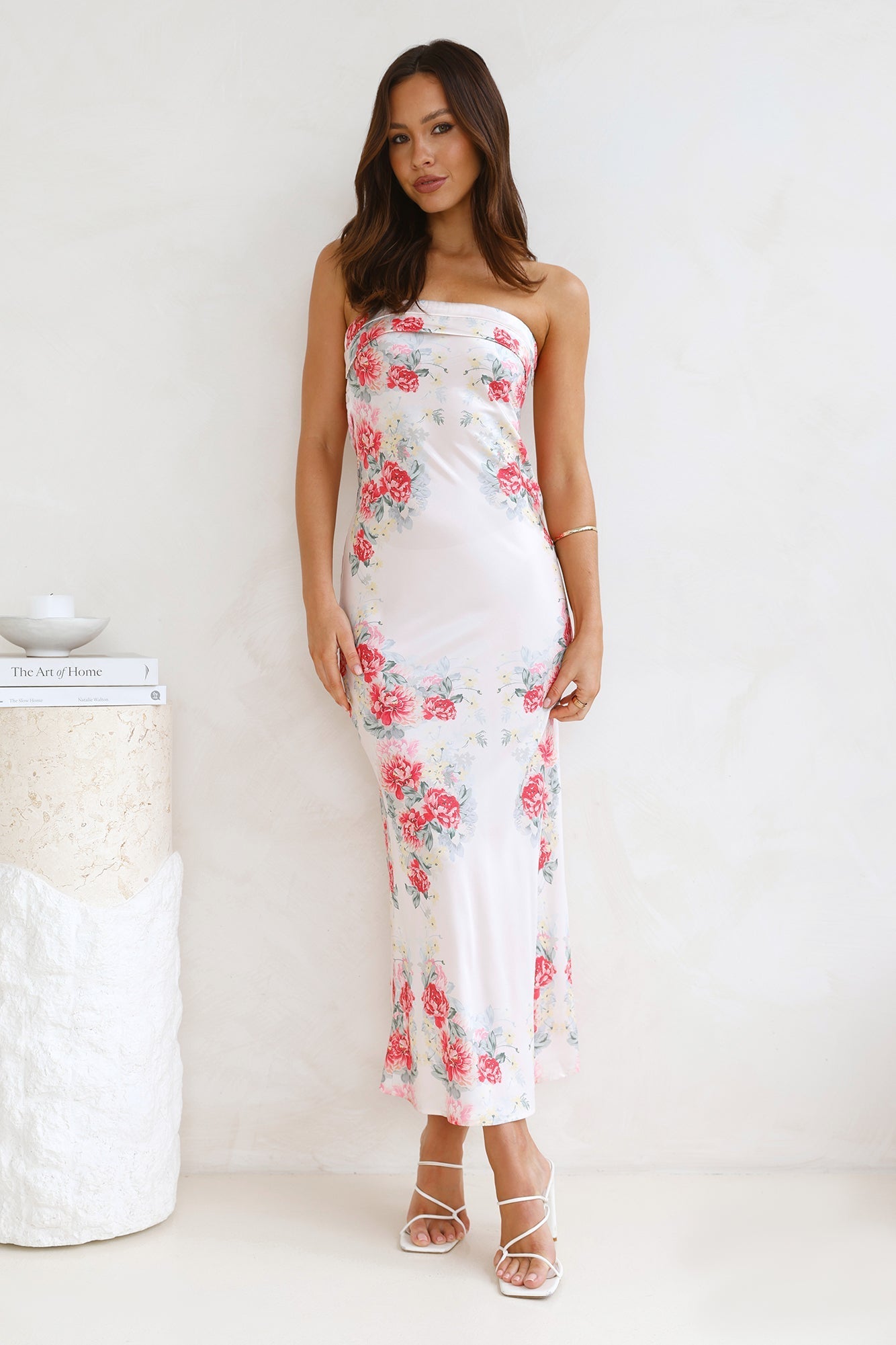 Bondi Wattles Strapless Satin Maxi Dress Beige