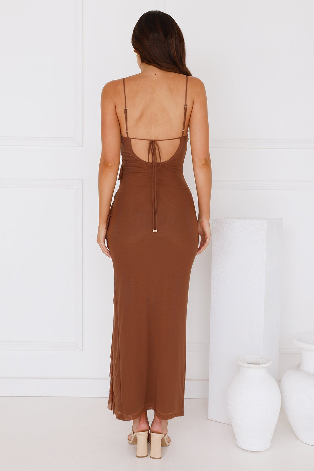 Flaunt It Girl Frill Mesh Maxi Dress Chocolate
