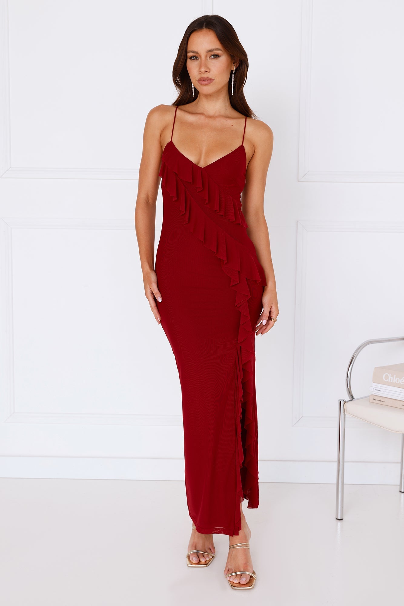 Flaunt It Girl Frill Mesh Maxi Dress Wine