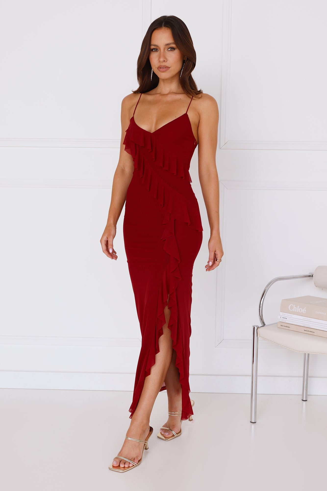 Flaunt It Girl Frill Mesh Maxi Dress Wine