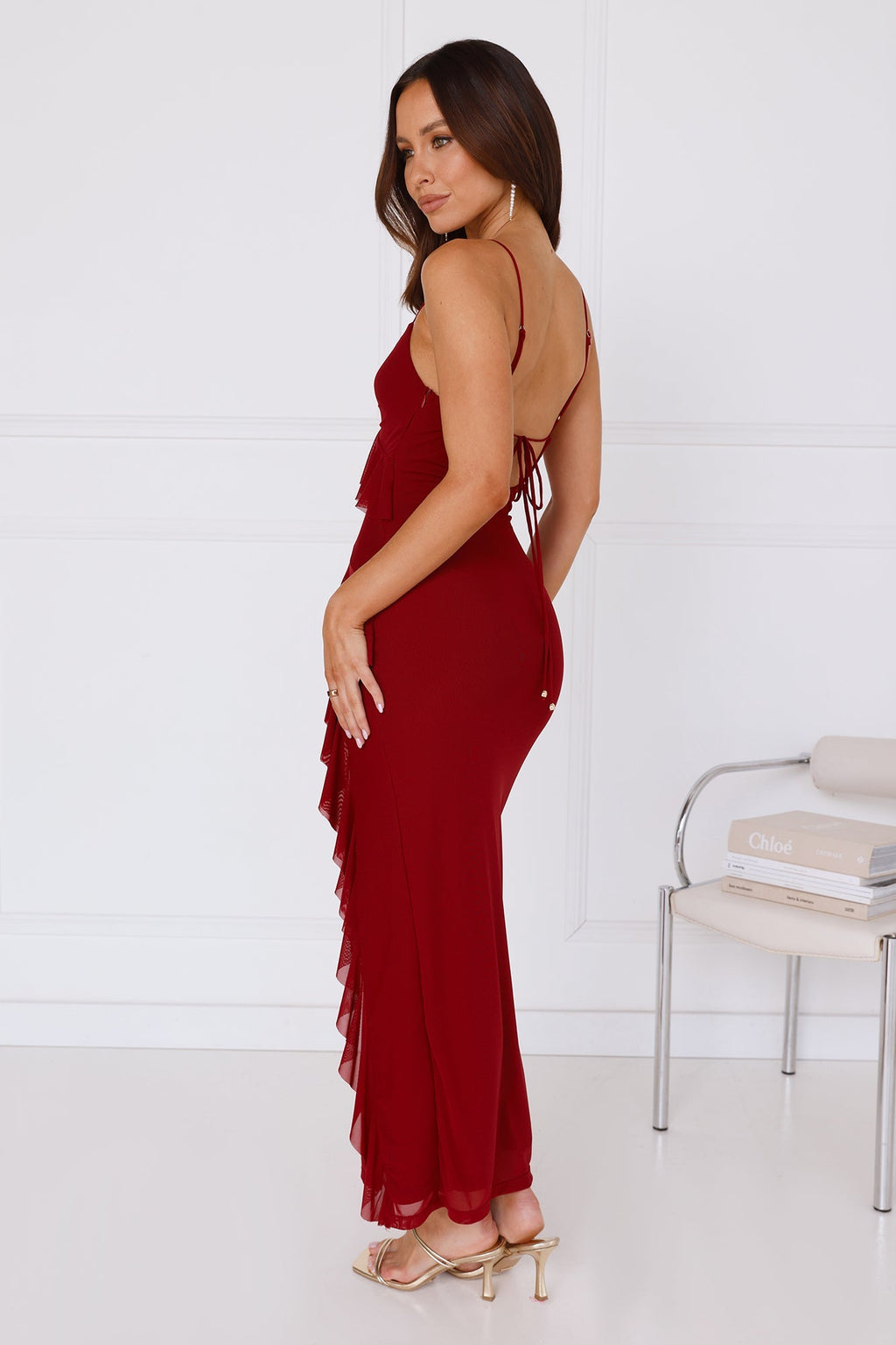 Flaunt It Girl Frill Mesh Maxi Dress Wine