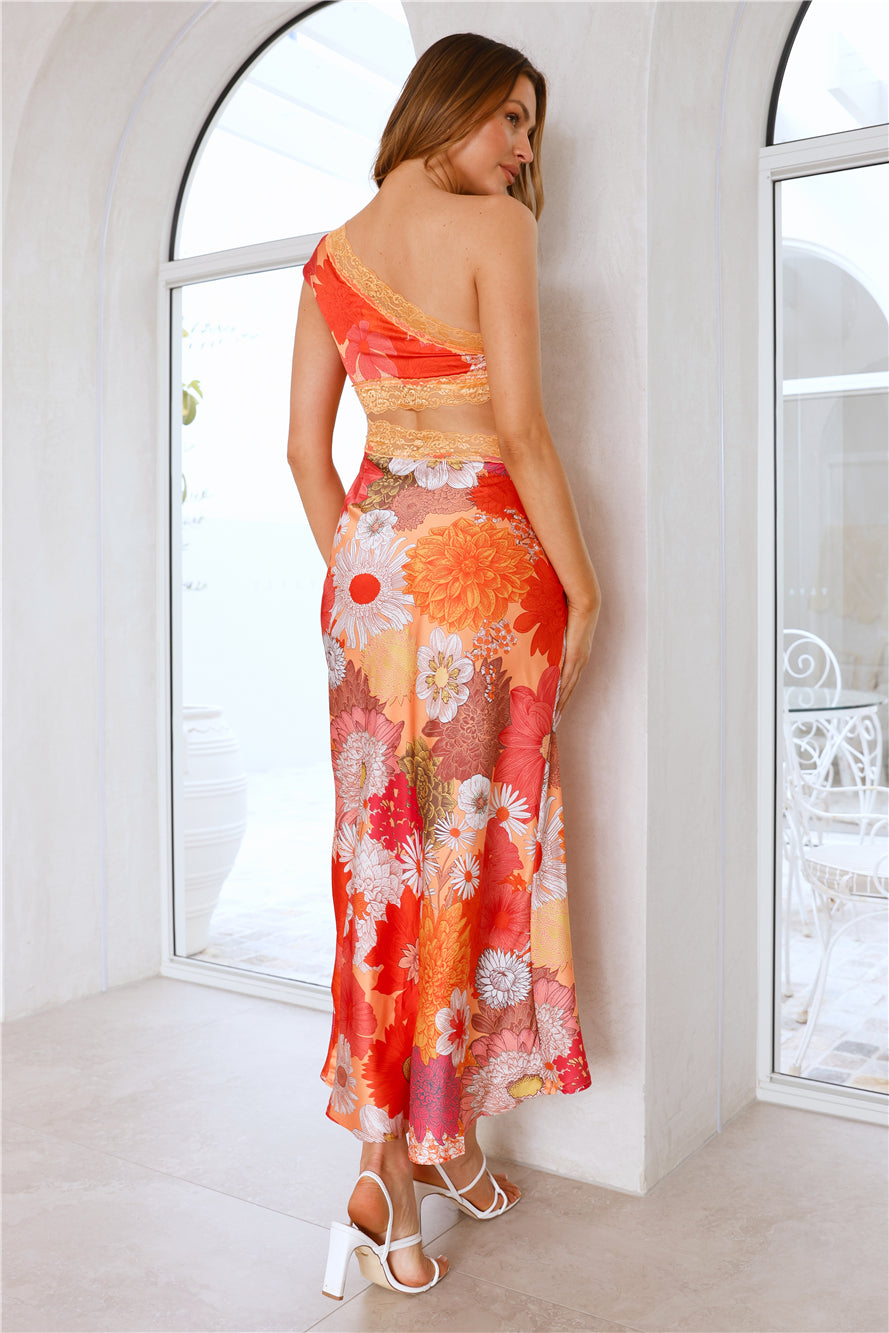 Sun Blaze One Shoulder Satin Maxi Dress Orange