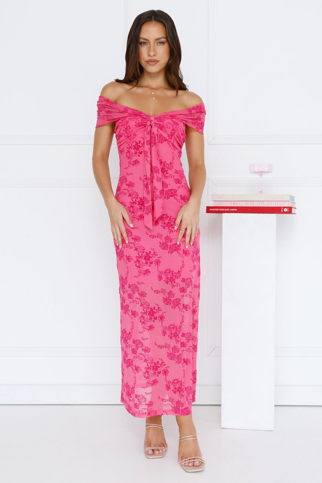 Girly Luxe Off Shoulder Mesh Maxi Dress Hot Pink