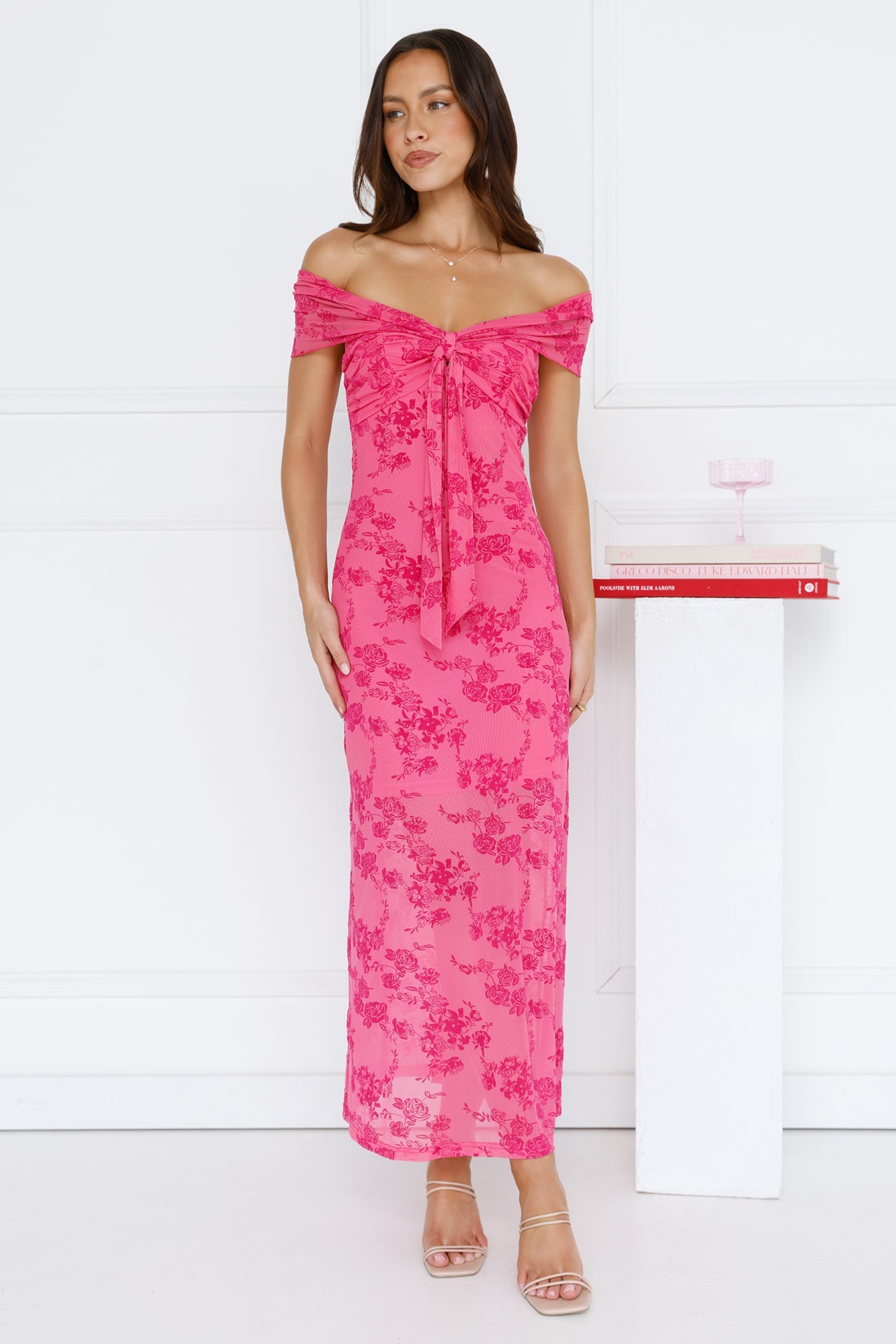 Girly Luxe Off Shoulder Mesh Maxi Dress Hot Pink