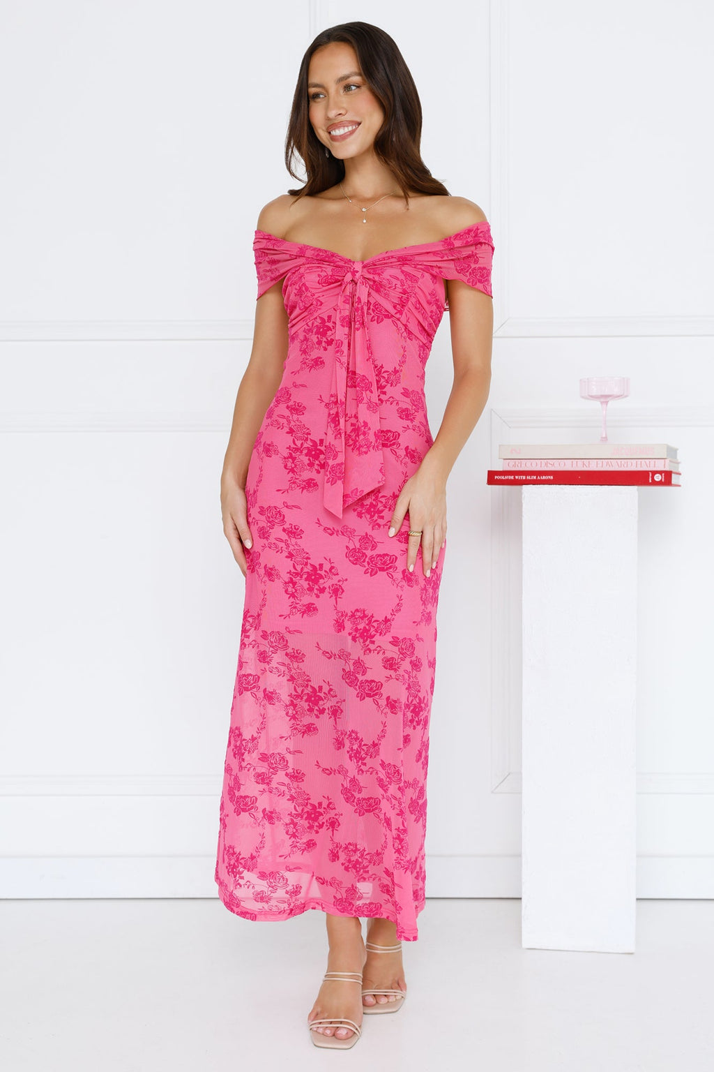 Girly Luxe Off Shoulder Mesh Maxi Dress Hot Pink