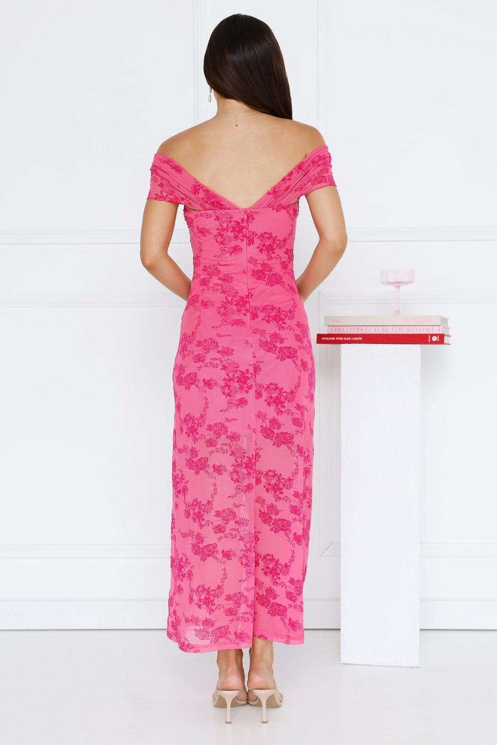 Girly Luxe Off Shoulder Mesh Maxi Dress Hot Pink