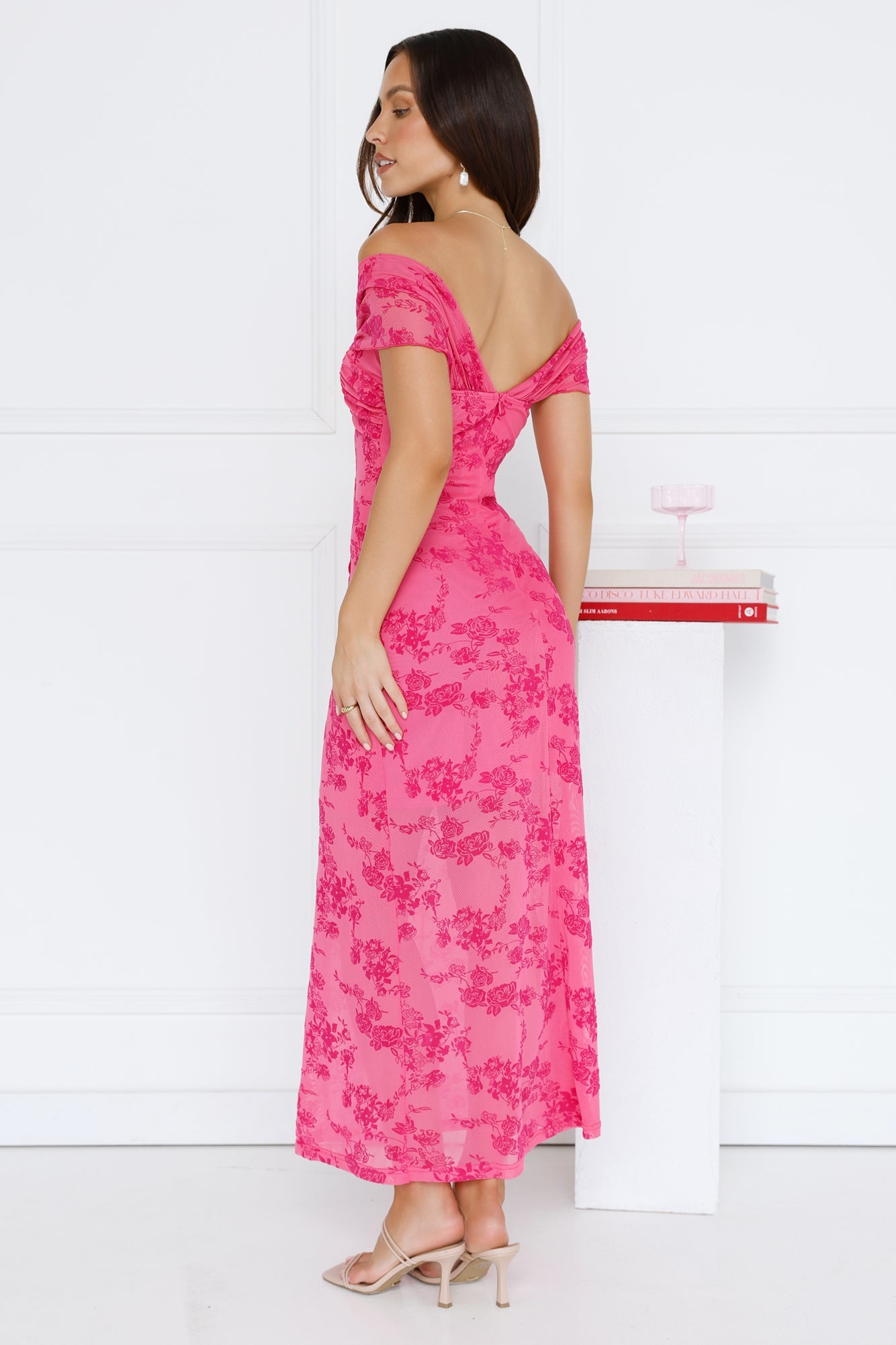 Girly Luxe Off Shoulder Mesh Maxi Dress Hot Pink