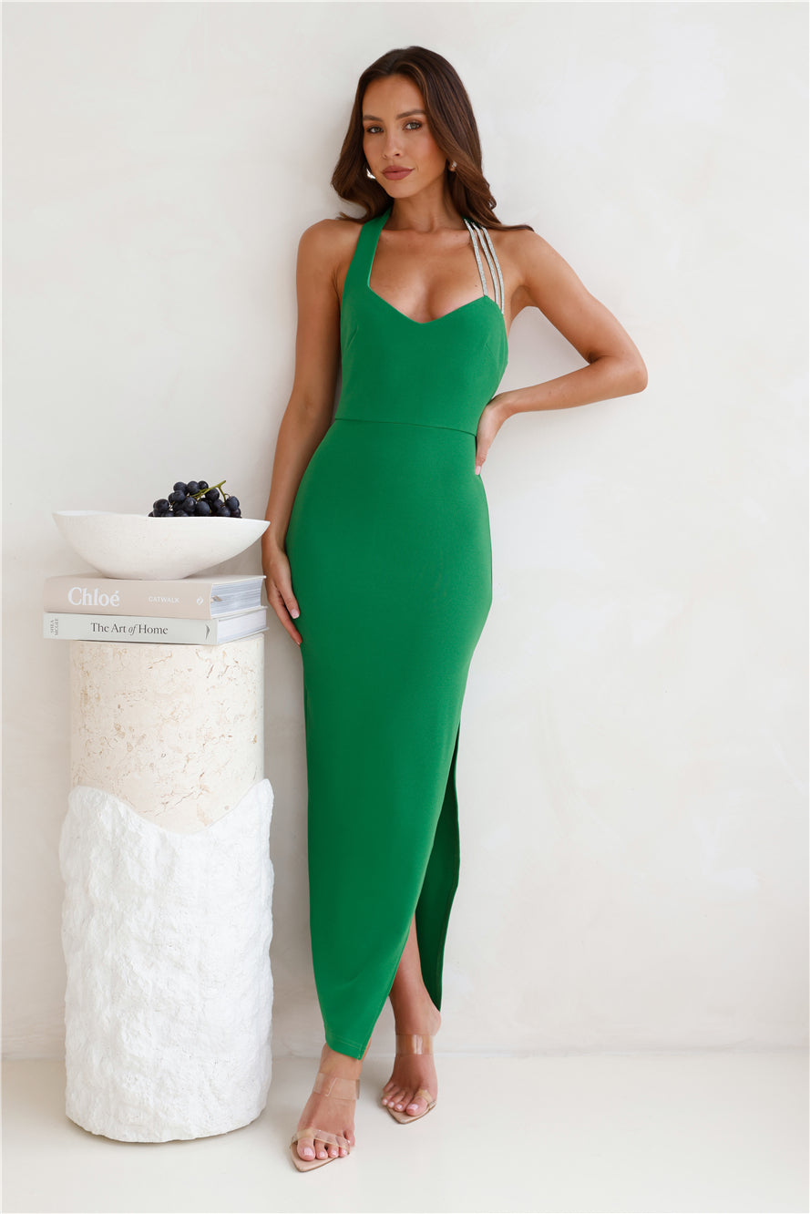Crystal Show Halter Maxi Dress Green