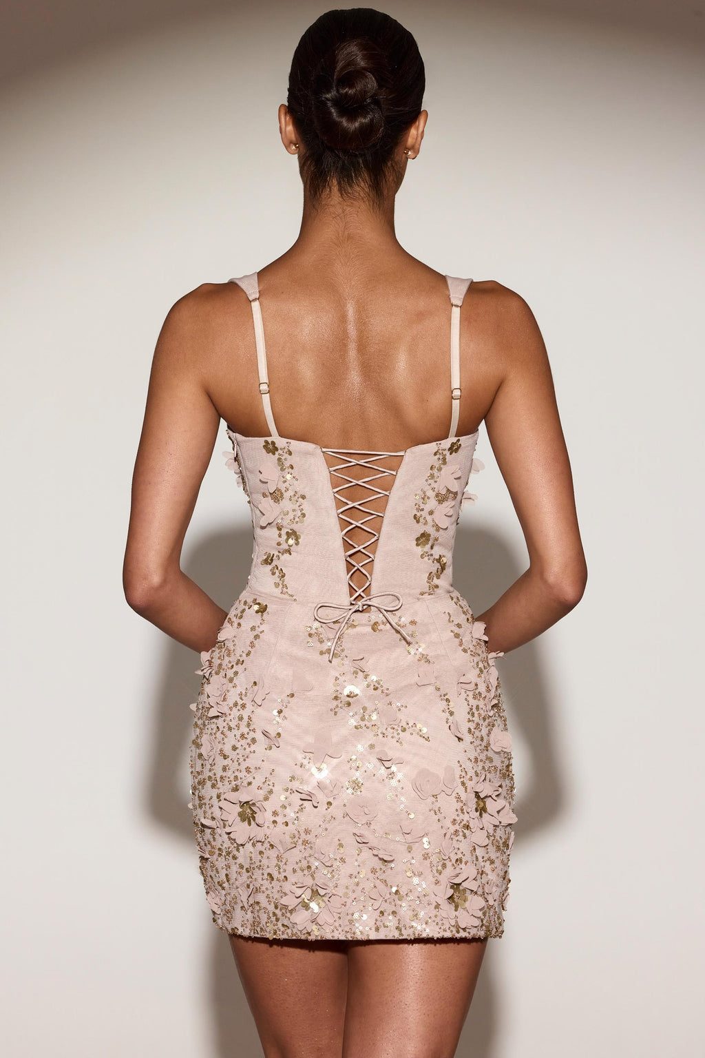Embellished Corset Mini Dress in Pale Gold