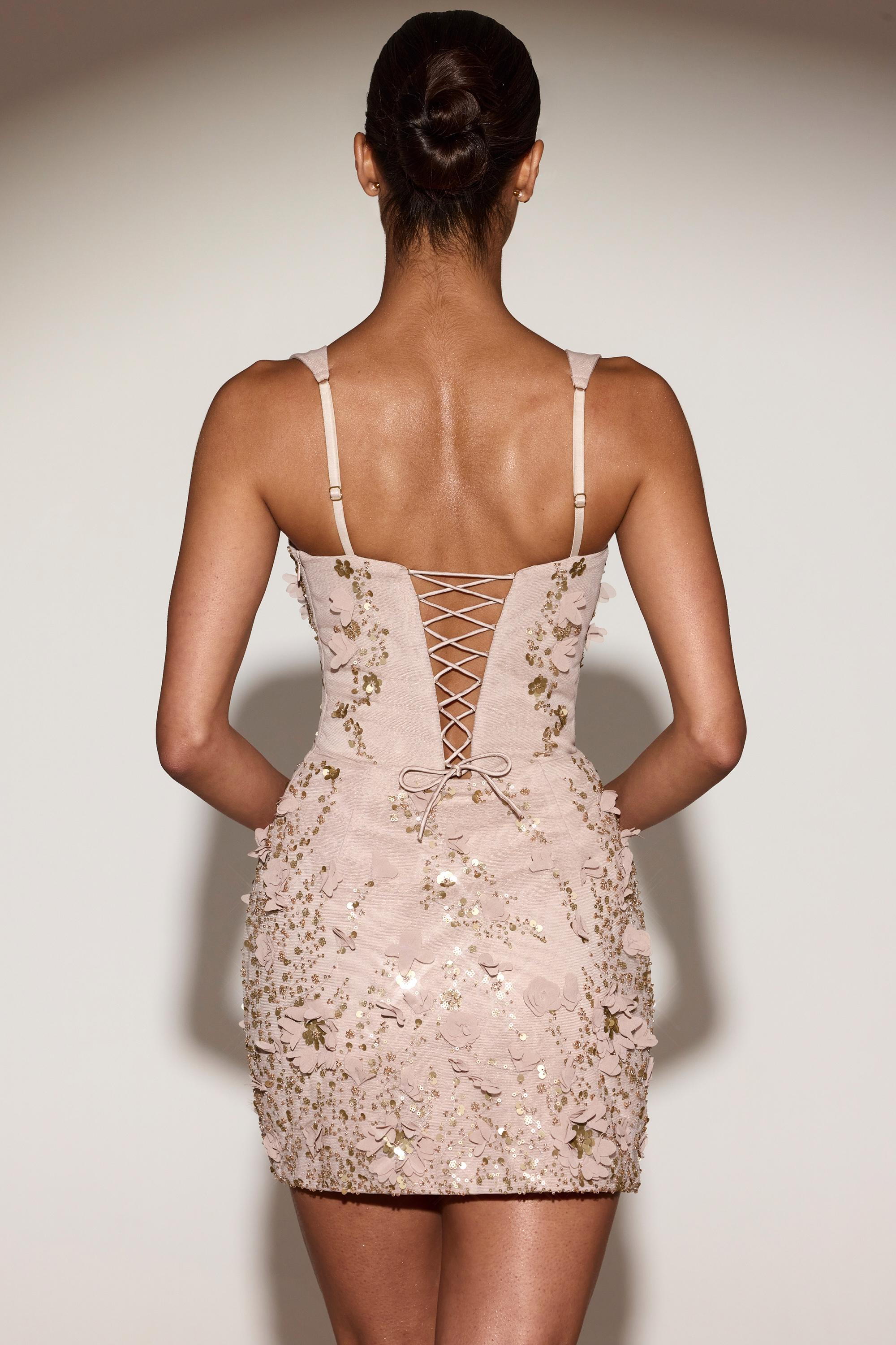 Embellished Corset Mini Dress in Pale Gold