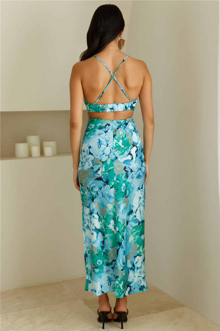 Needed Retreat Satin Maxi Dress Blue