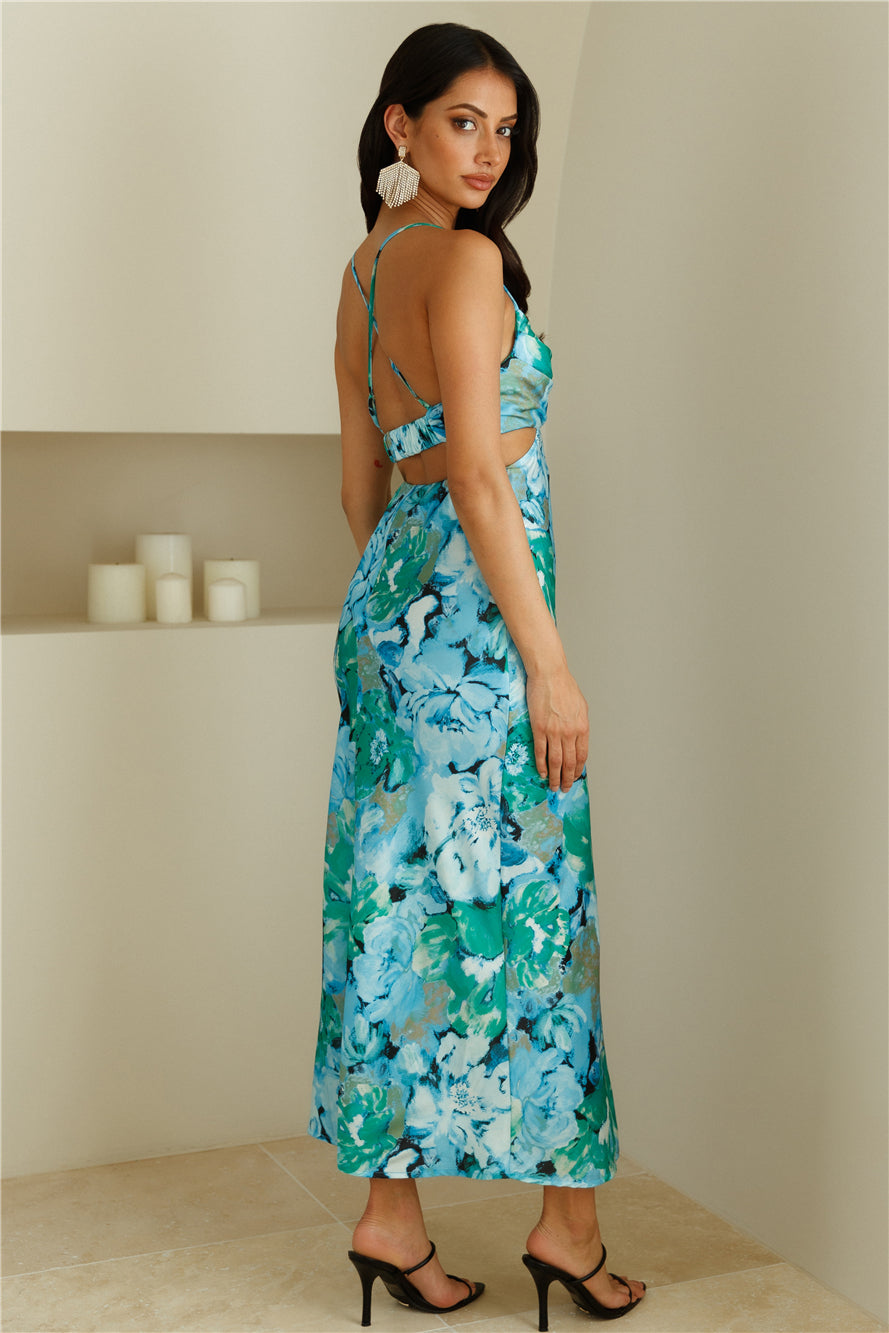 Needed Retreat Satin Maxi Dress Blue