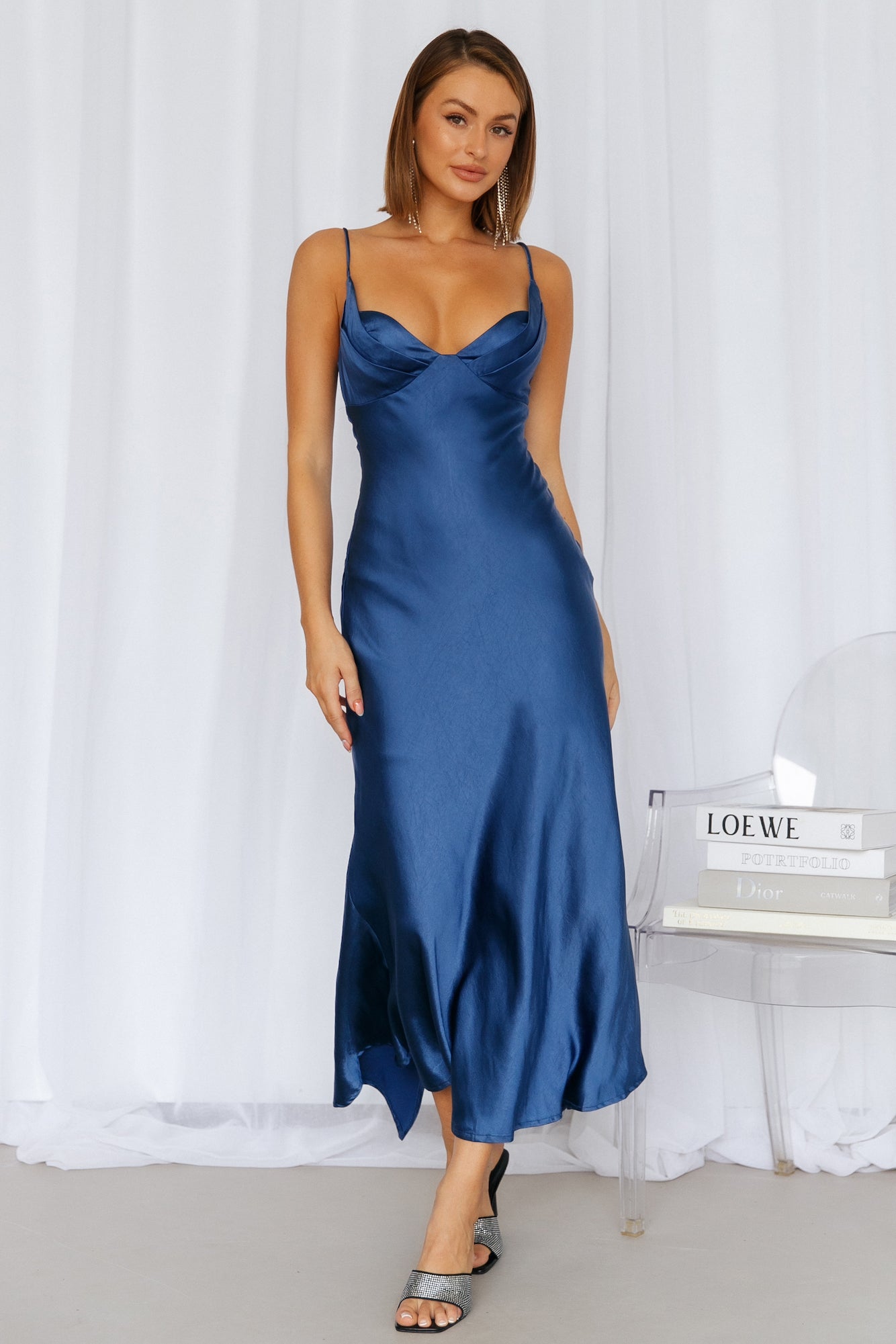 No Cloudy Skies Satin Maxi Dress Navy