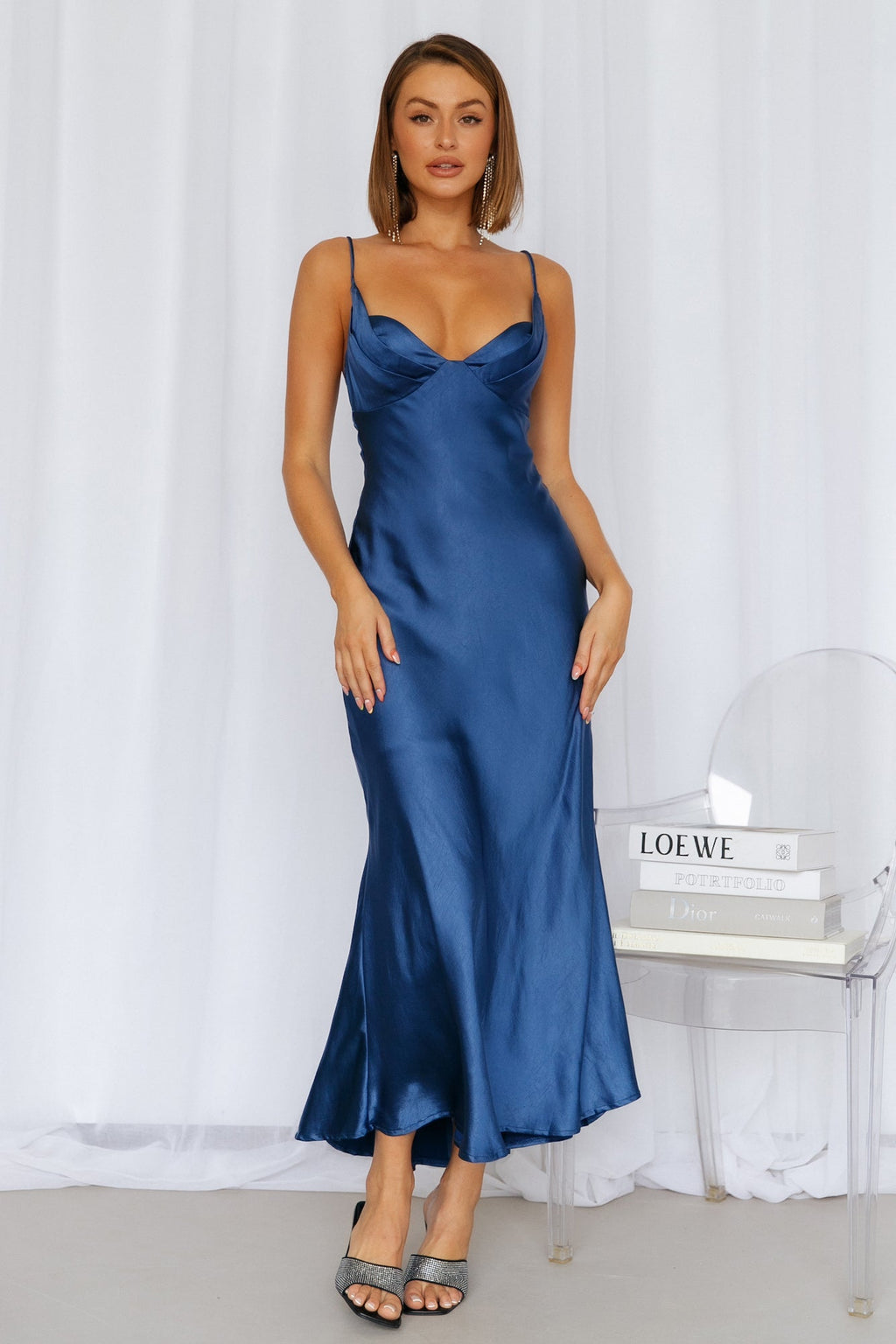 No Cloudy Skies Satin Maxi Dress Navy