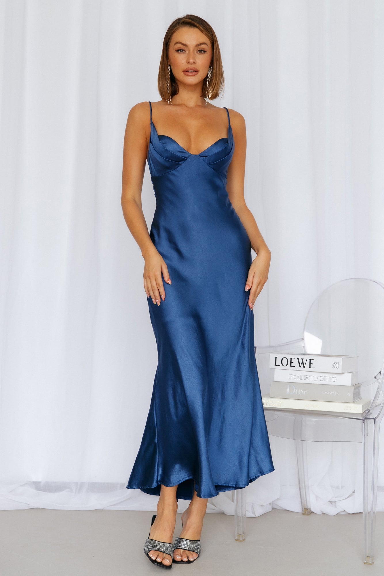 No Cloudy Skies Satin Maxi Dress Navy