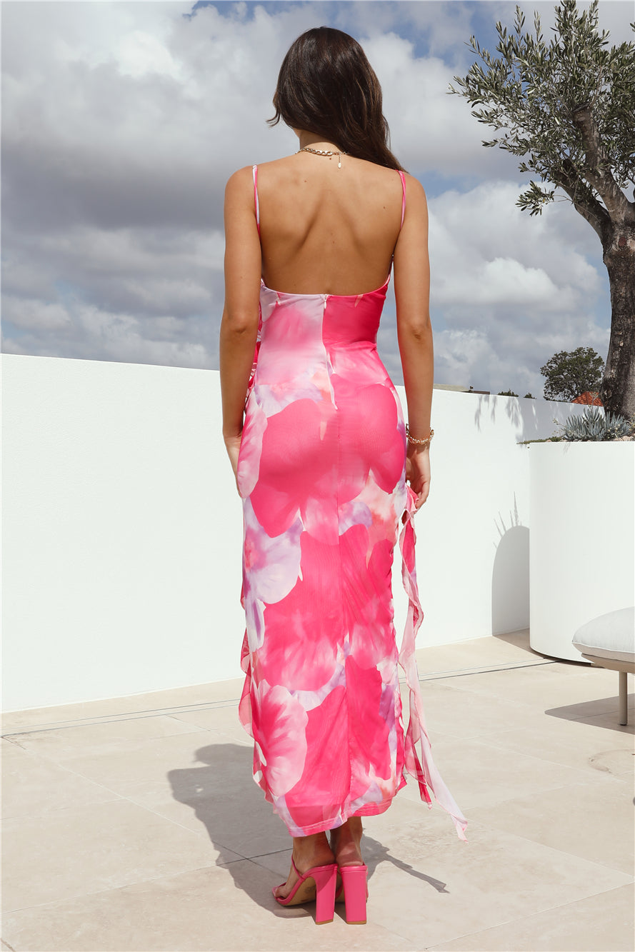 Glad We Met Mesh Frills Maxi Dress Pink