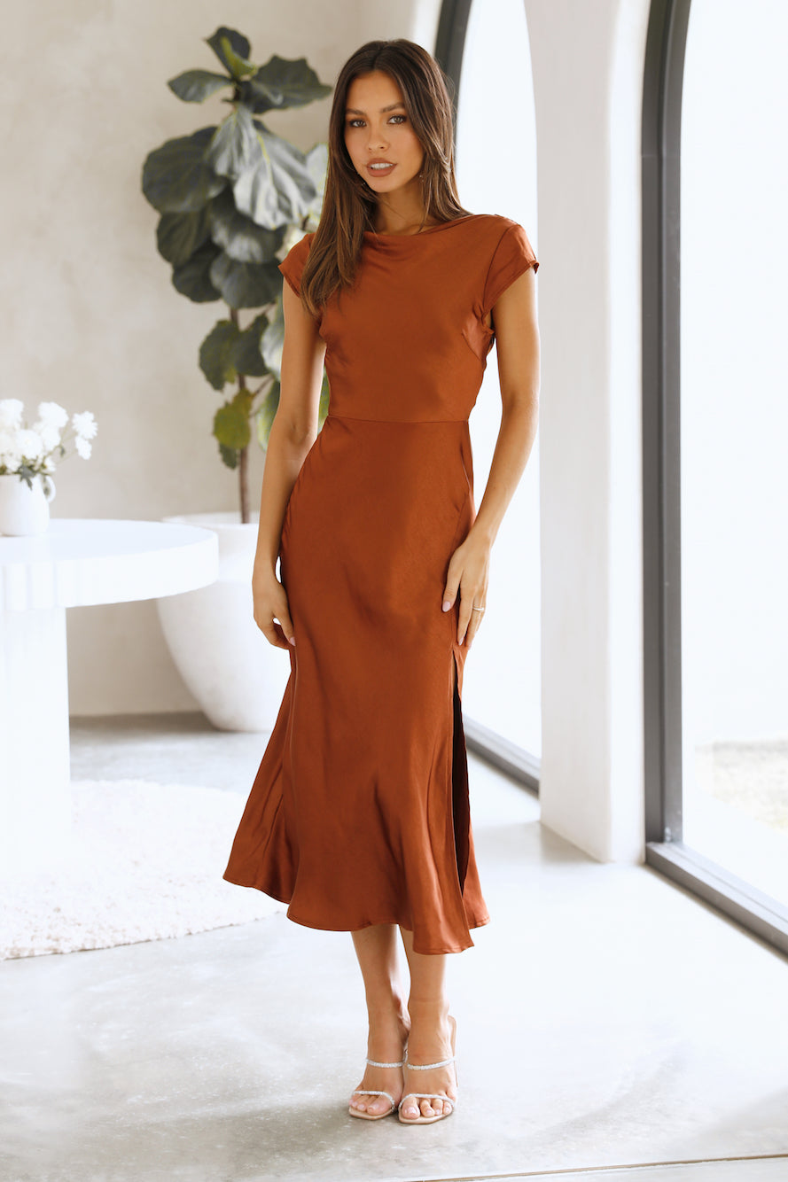 Get In Formation Satin Midi Dress Brown