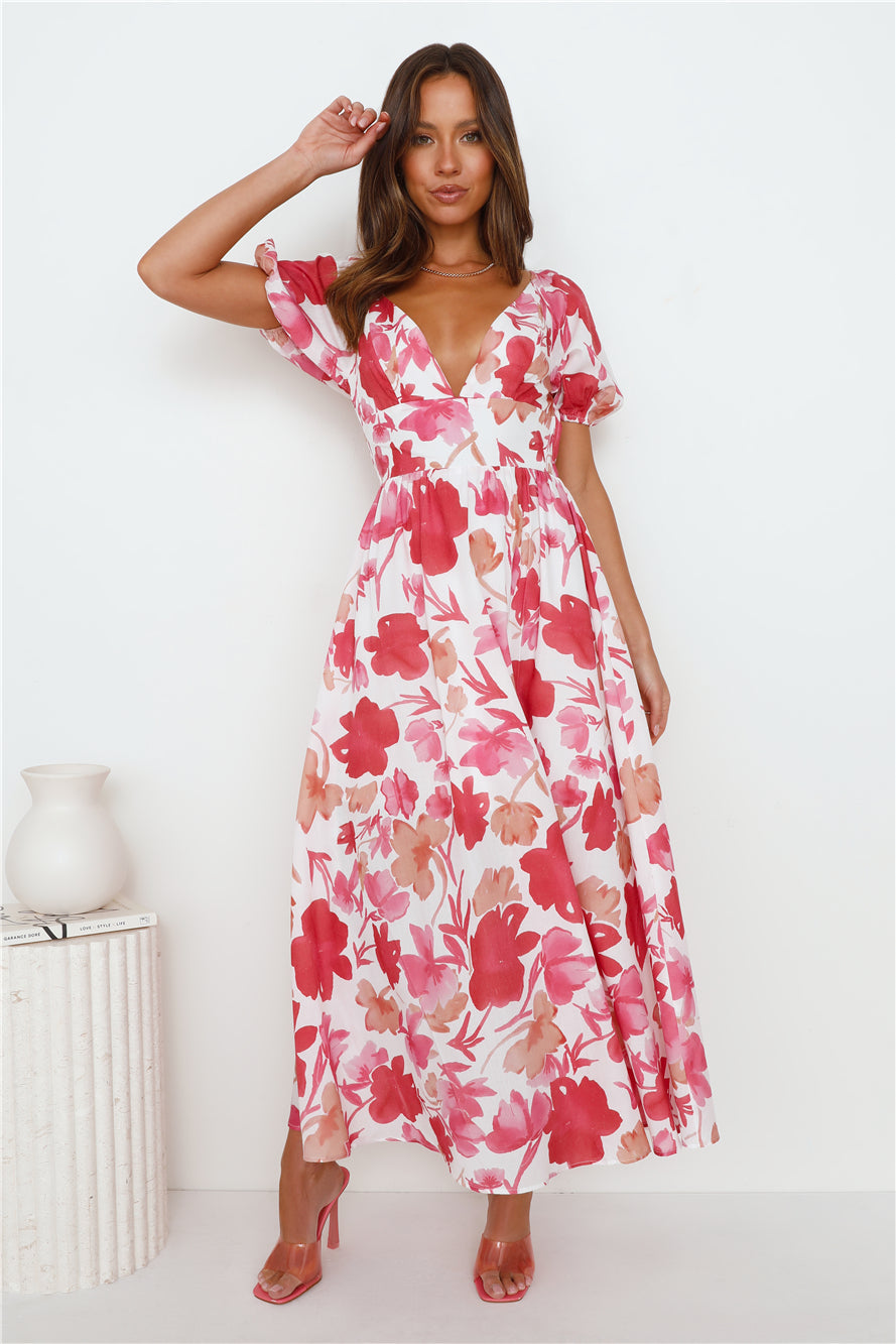 Leaves Falling Maxi Dress Red
