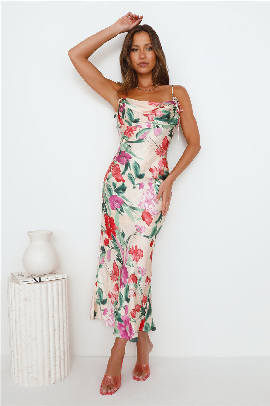 Let Love Bloom Satin Maxi Dress Print