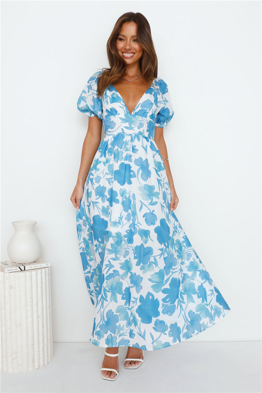 Leaves Falling Maxi Dress Blue