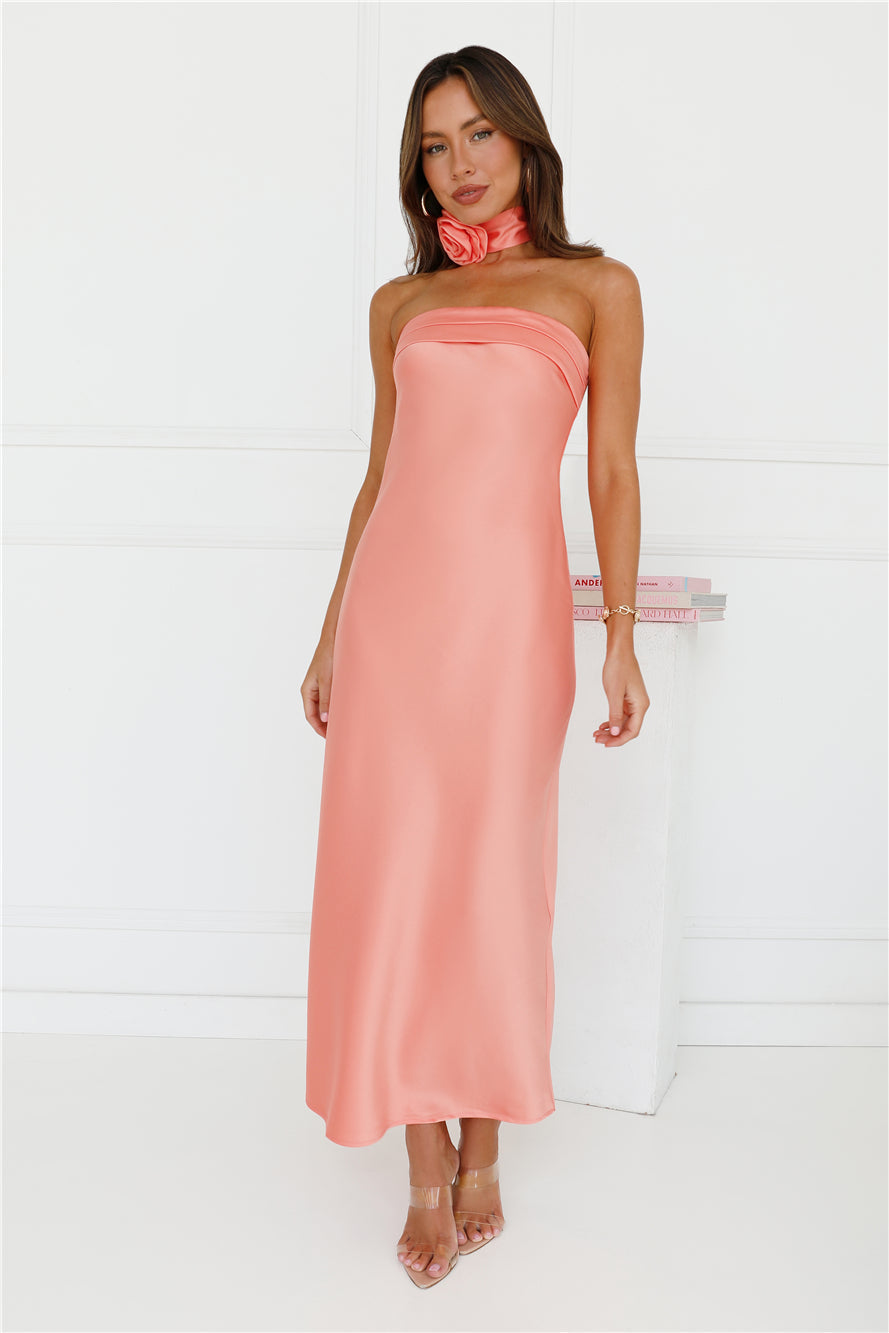 Not My Behaviour Satin Strapless Maxi Dress Peach