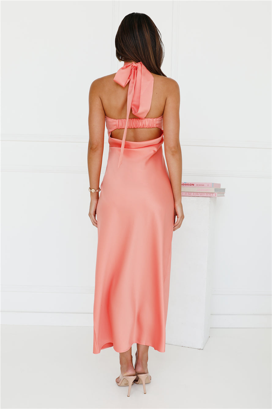 Not My Behaviour Satin Strapless Maxi Dress Peach