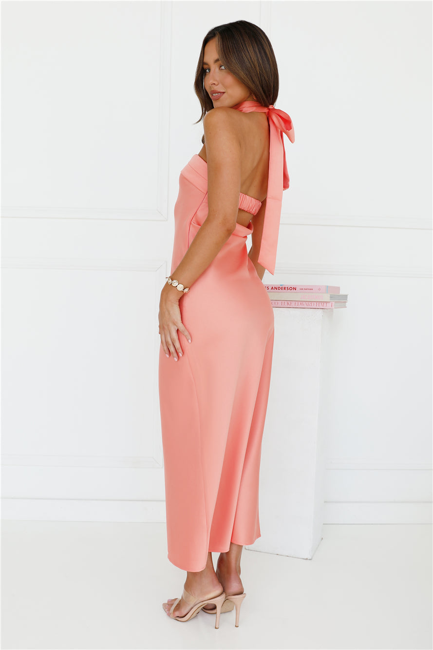 Not My Behaviour Satin Strapless Maxi Dress Peach