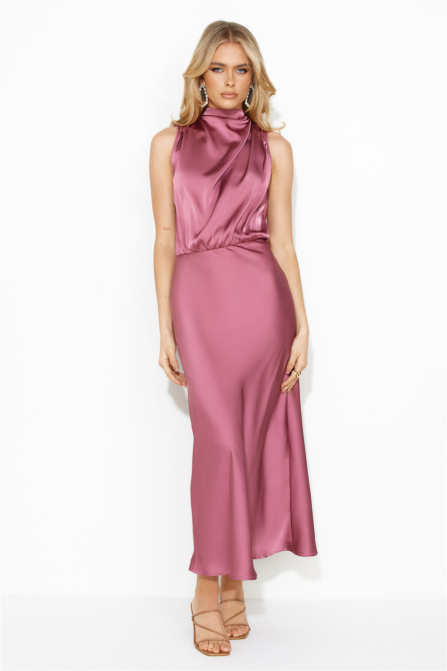 Confidence High Satin Midi Dress Rose